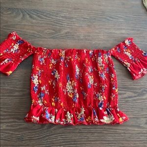 Red floral ruffle off shoulder crop top